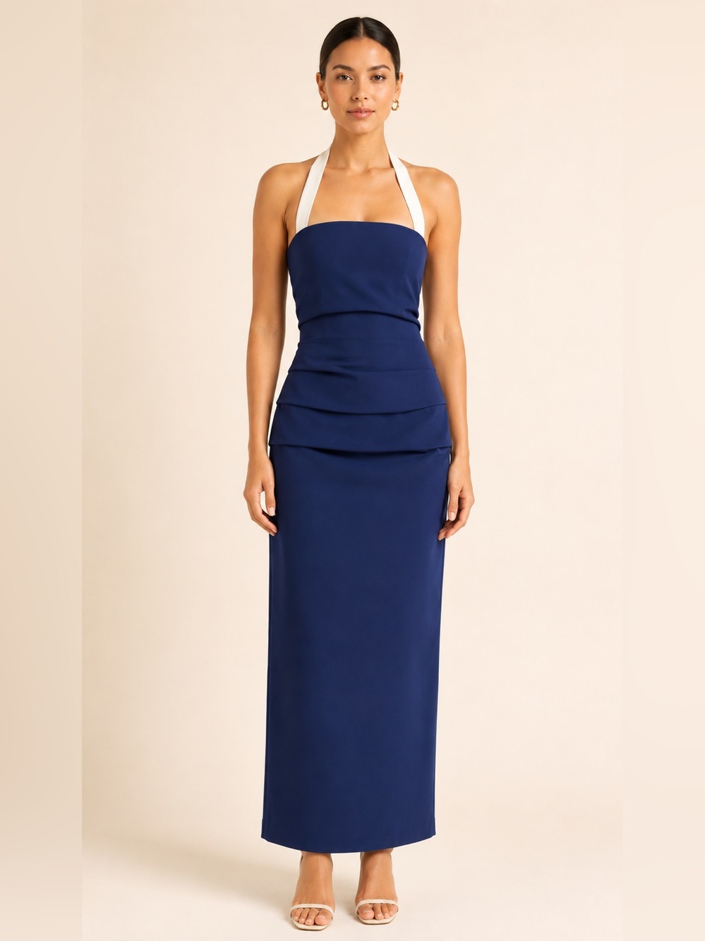 Lioness Navy Blue Halter Midi Dress with Cream Straps